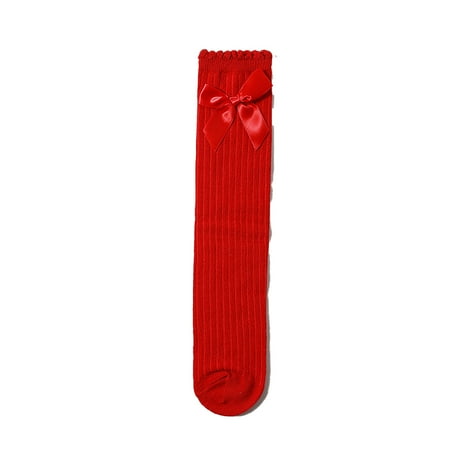 

WOLLED Girls Bow Mid-Calf Socks for Kids Pupils Cotton Long Socks Spring Fall Solid Color Calf Socks for （Black White Gray Pink Red Blue）3-12 Y
