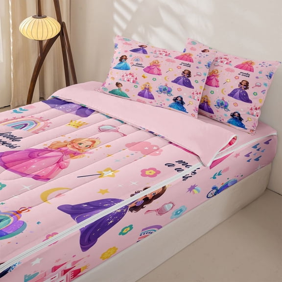Manfei Fairy Princess Zipper Twin Comforter Sets with Fitted Sheet and 2 Pillowcases, Cartoon Castle Zipper Bedding Set, Pink Reversible, 4 Pieces