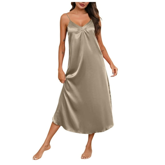 PMVFHDE Pajama Nightgown For Women Ice Silk Strap Sleepwear Long Dress Satin Home Wear Womens Nightgowns Khaki,M