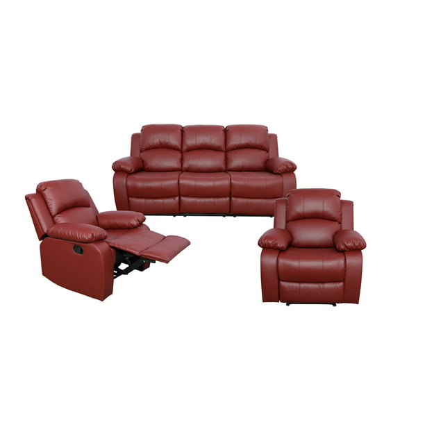 3pc Recliner Sectional Sofa Set, Red Leather Loveseat Recliner Chair