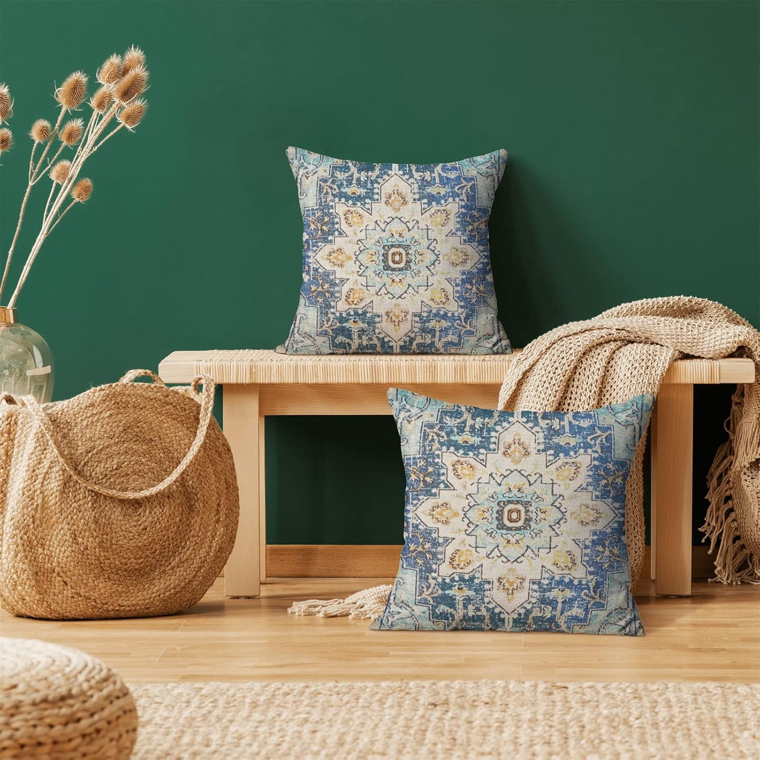 Boho Pillow Covers Set of 2 18x18 Inch Blue Yellow Carpet Pattern Decorative Throw Pillows with Linen Ethnic Design for Farmhouse Sofa Couch Outdoor Decor Add Global Charm to Your Space