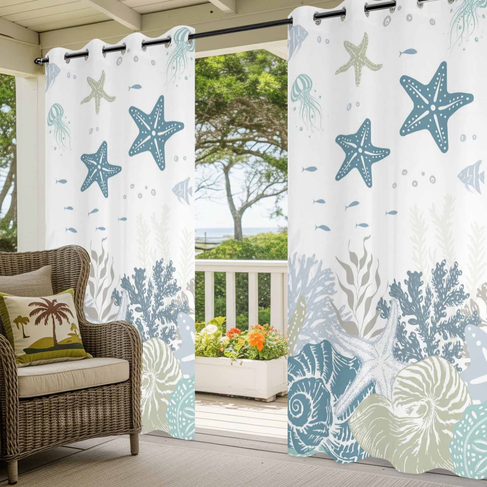 Summer Marine Life Outdoor Curtains for Patio, Watercolor Sea Fish Ocean Starfish Conch Sunshade Privacy Drapes Grommet Waterproof Outside Curtains for Porch/Cabana/Balcony 54"x 108", 1 Panel