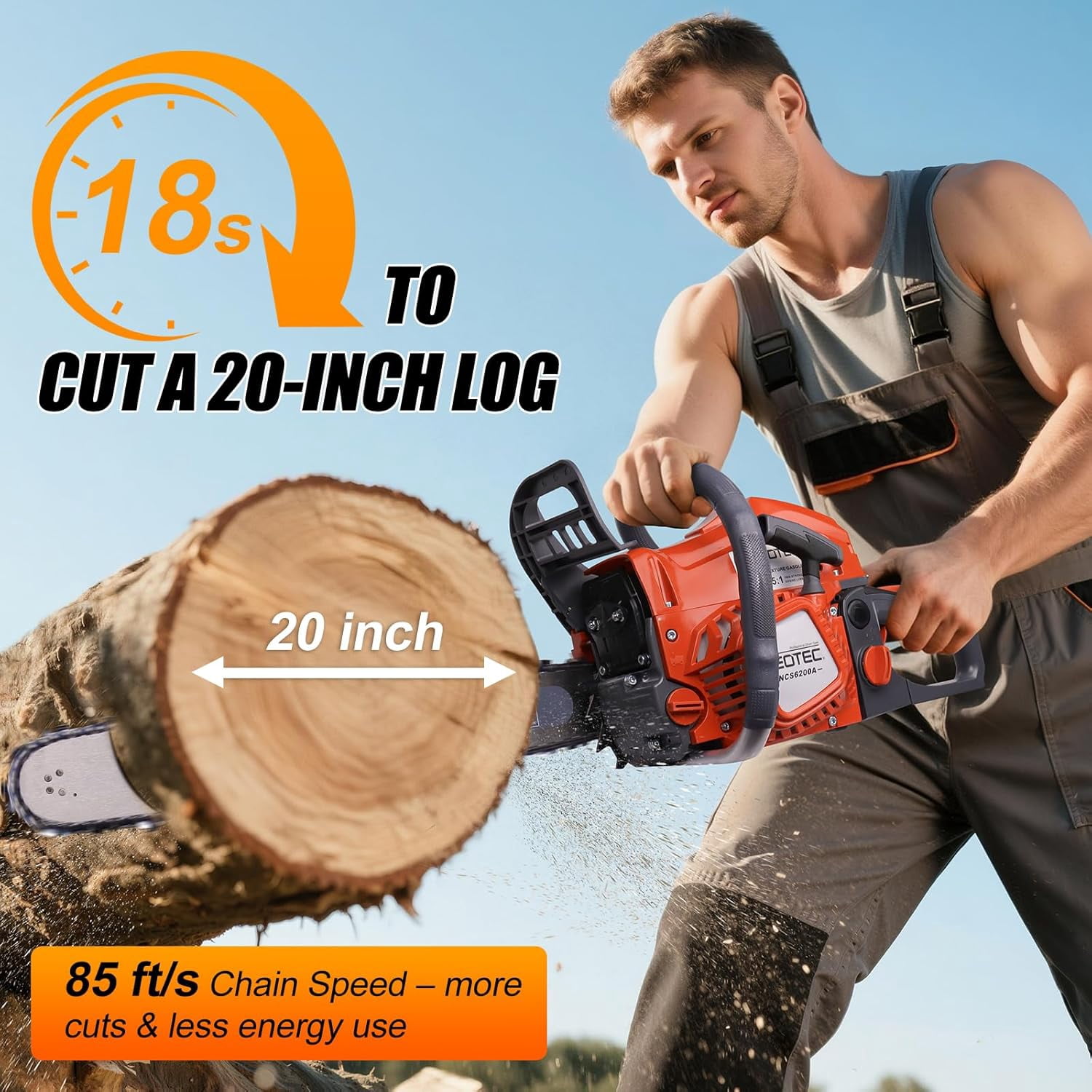 NEOTEC 62CC Gas Chainsaw, 18 Inch and 22 Inch Bar Included, 2-Cycle Handheld Gas Powered Chainsaw, Low Vibration Easy Start Petrol Chain Saw for Tree Cutting