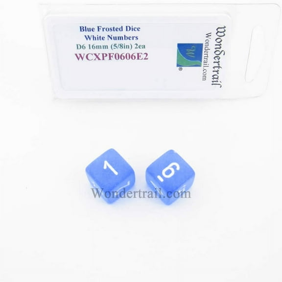 Blue Frosted Dice with White Numbers D6 Aprox 16mm (5/8in) Pack of 2 Wondertrail