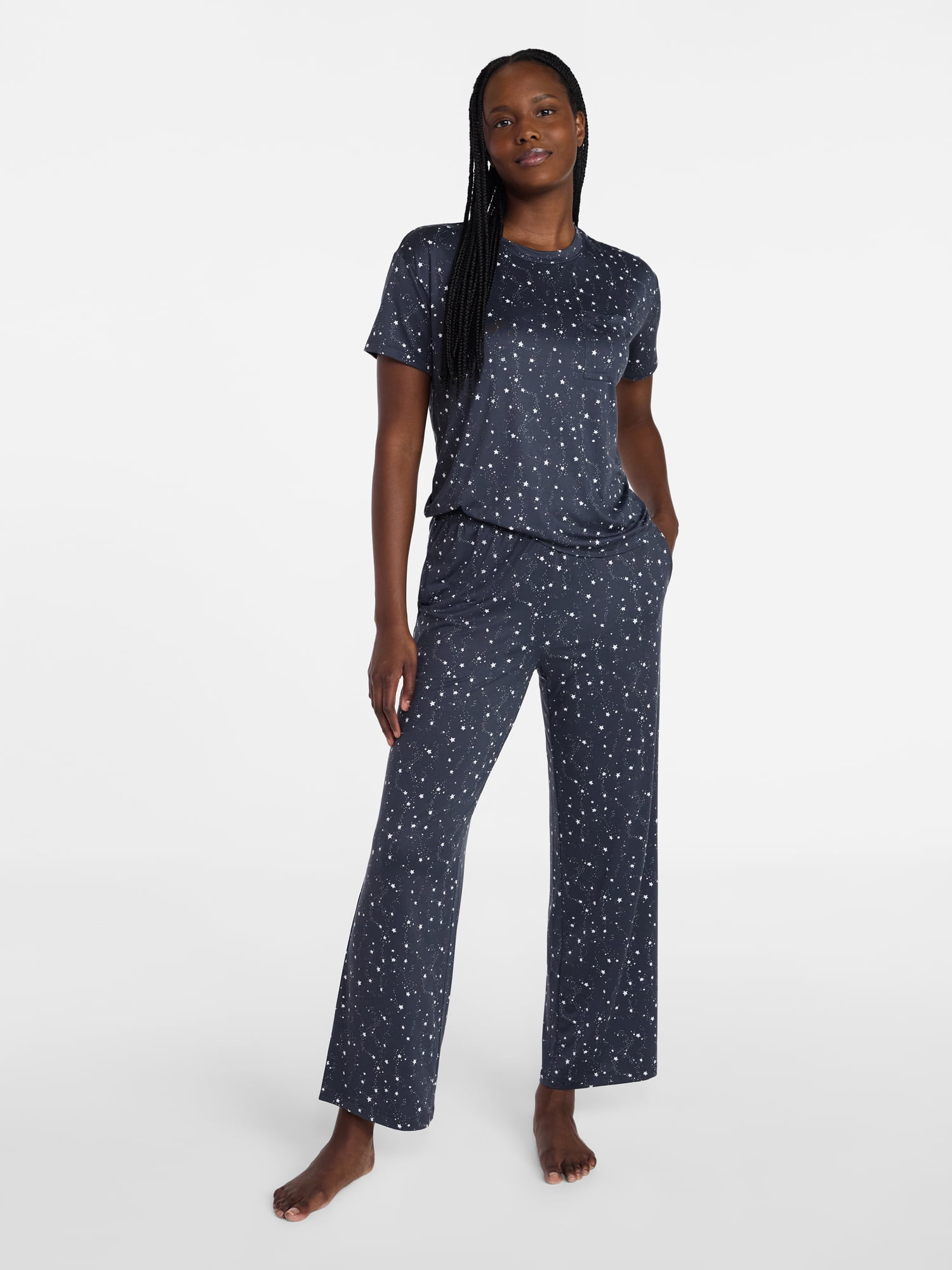 Joyspun Women's Dreamy Soft Collection Short Sleeve Sleep Top and Open Leg Pants Pajama Set, 2-Piece, Sizes XS-3X