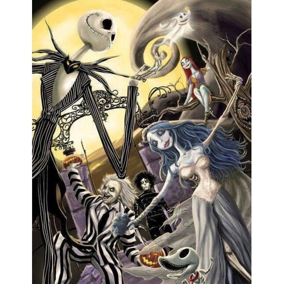 Jack Sally The Nightmare Before Christmas Skull DIY 5D Diamond Digital Painting Kit Crystal Rhinestone Embroidery Cross-stitch artwork Crafts Canvas wall decoration Birthday gift 12 X 16 inches