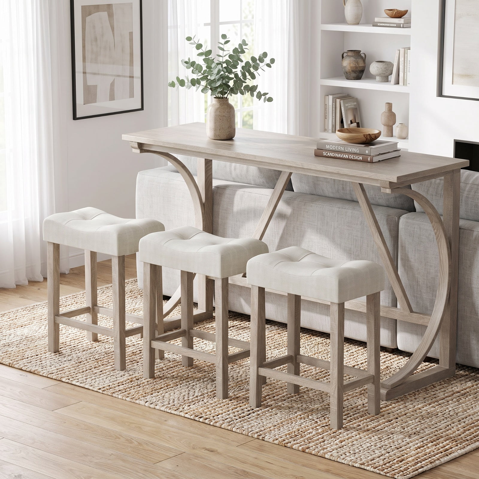 Furnibear 4-Piece Bar Table Set with Power Outlet and Upholstered Saddle Seat Stools-Grey and Beige for Kitchen Dining Room Breakfast Nook Home, Gray