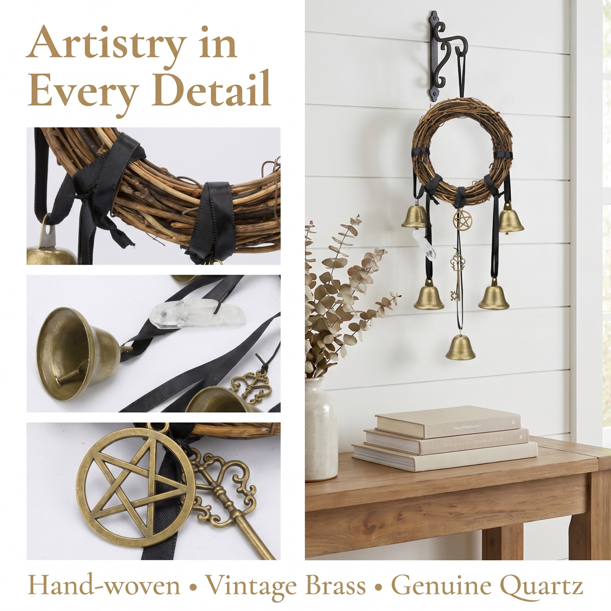 Unique Bargains Rattan Wreath Knob Protection Bells Bronze Black Rope 3.5" x 2.4" x 12.2"