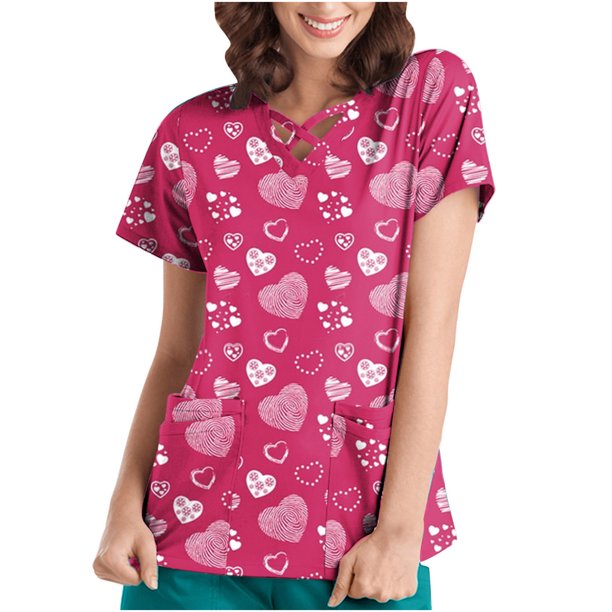 Tops de manga corta para mujer, uniforme de trabajo, blusa con bolsillo estampado para el día de San Valentín Fridja gope4429