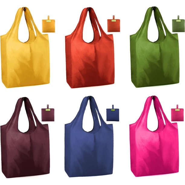 BeeGreen Bolsas de compras reutilizables para comestibles, paquete de 6 bolsas extragrandes de 50 libras Ripstop geométricas, lavables a máquina, bolsas de reciclaje de nailon con bolsa a granel, negr