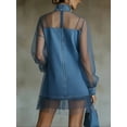 thumbnail image 2 of Women’s Blue Denim and Tulle Mini Dress High Neck Lantern Sleeve Casual Dress with Vintage Wash Denim Overlay Contrast Stitching and Hidden Pockets, 2 of 2