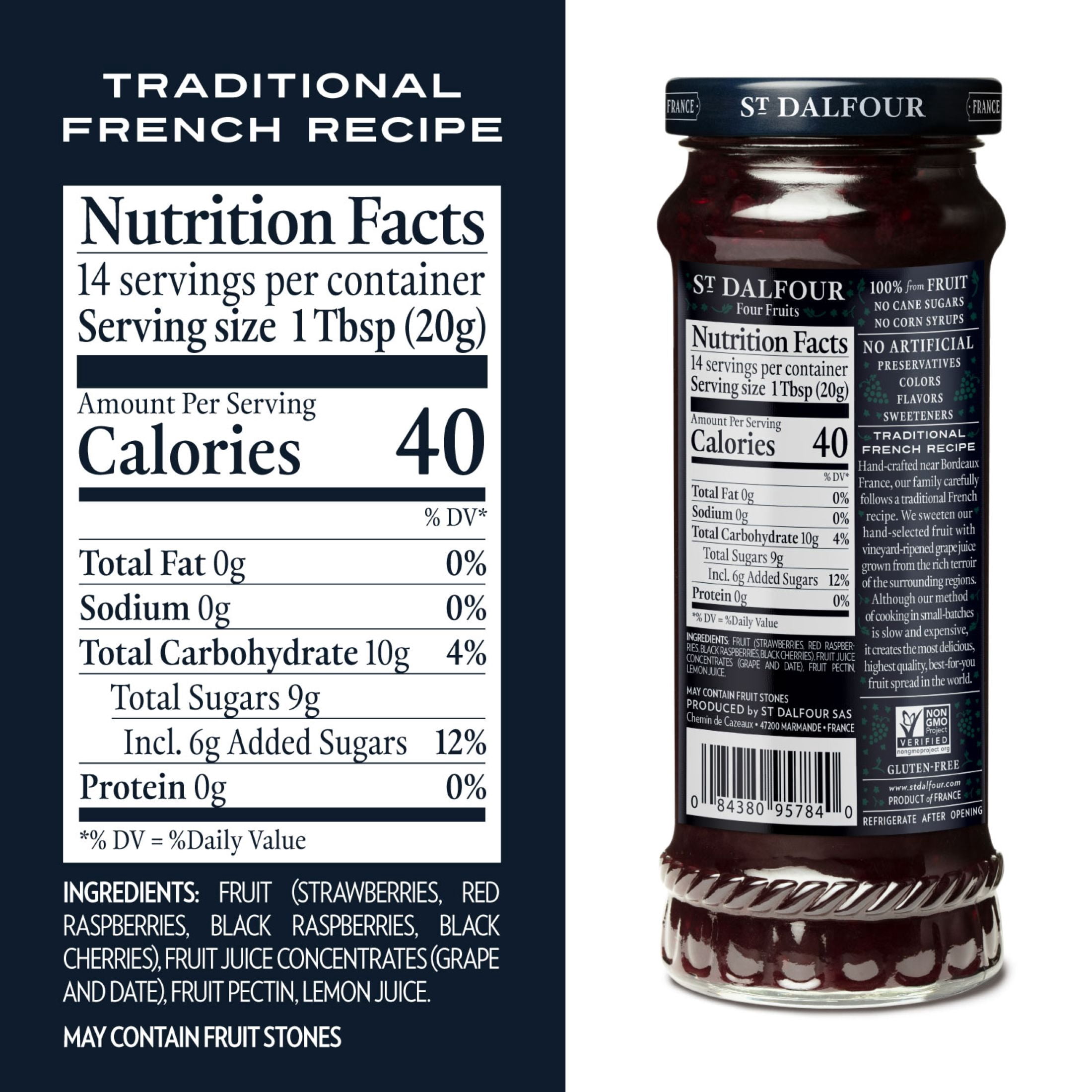 (2 pack) St Dalfour Four Fruits Spread, 100% from Fruit, Vegan & Gluten Free, 10 oz Jar
