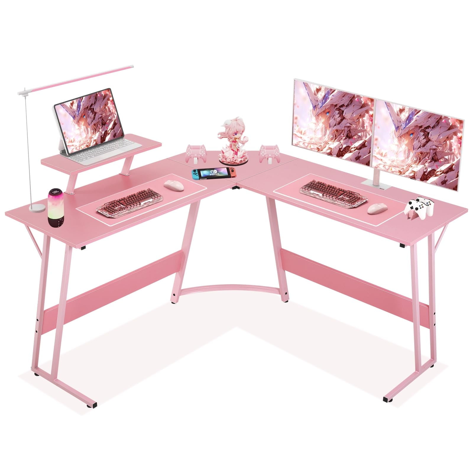 Shaped Gaming Desk 50 Inches Corner Computer Desk, Home Office Desk with Large Desktop Gaming Table for Home and Work Place,Pink