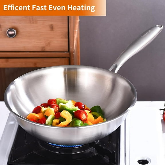 Tri-Ply Stainless Steel Wok Pan with Lid, 12 Inch Stir-Fry Cookware, Oven & Dishwasher Safe  To 600°F