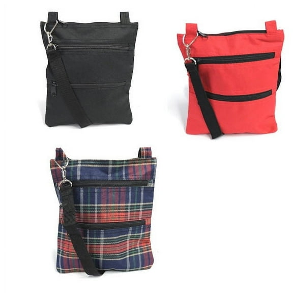 Women's Triple Zip Crossbody Bag, Set of 3 - Black, Red, Plaid