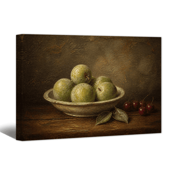 Vintage Green Apple Cherry Canvas Wall Art Rustic Fruits Oil Painting Print, Cozy Serene Artwork Cottage Aesthetics Picture for Kitchen, Home, Living room Decor