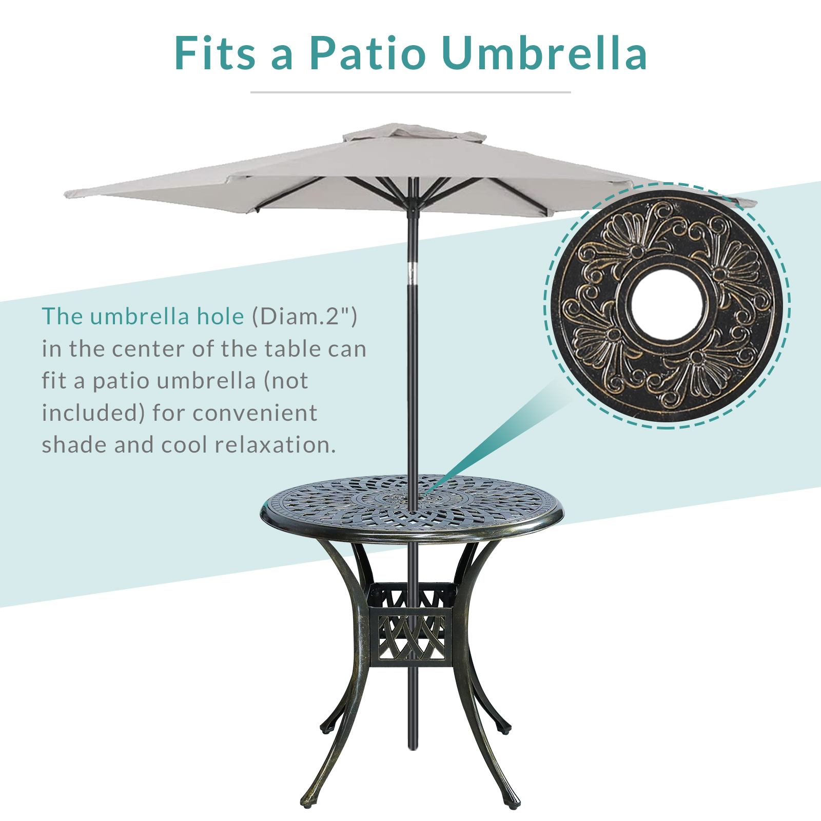 MEETWARM 31" Round Patio Bistro Table, Outdoor Cast Aluminum Small Dinning Table with 2" Umbrella Hole, Dark Bronze - image 3 of 7