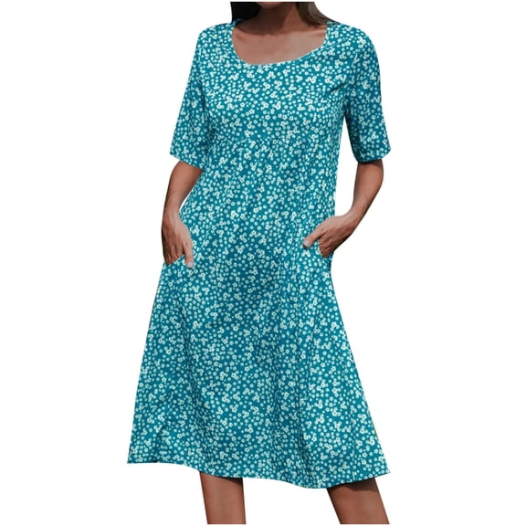 AOOCHASLIY Fashion Women Summer Casual Round-Neck Print Short Sleeve Loose Dress