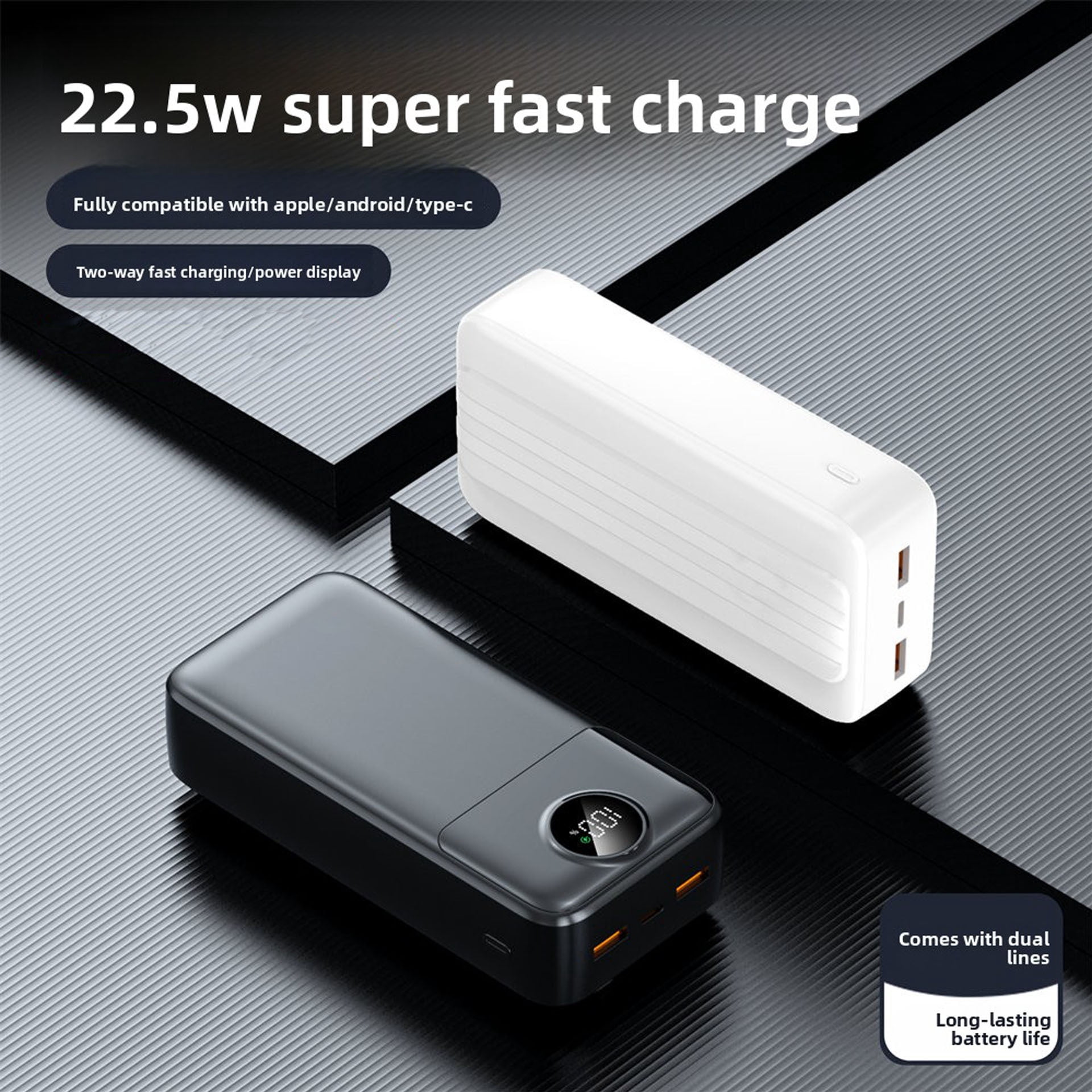 50000mAh Mini Portable Power Bank with Built-in 4 Cables (Micro/Type-C), Fast Charging, Smart LCD Display & Ultra-Bright LED Flashlight, - Battery Pack for Smartphones, for outdoor Travel Charger