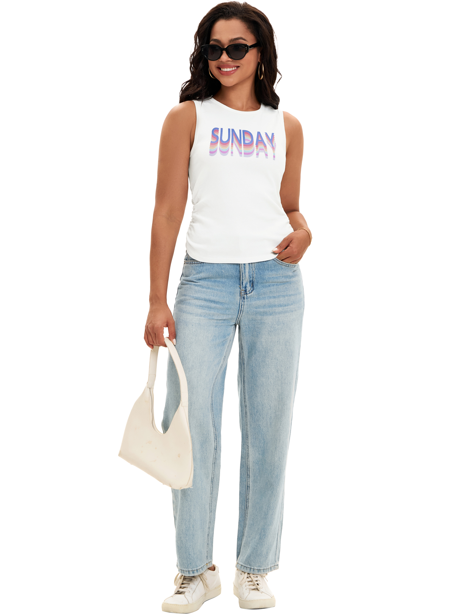 DARING DIVA Women's Summer Ribbed High Neck Casual Basic Tank Tops S White Print