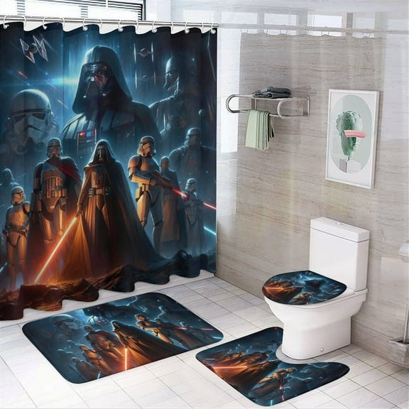 4 Pcs Shower Curtain Set Darth Vader Shower Curtain with 12 Hooks, Non-Slip Rugs,Toilet Lid Cover And Bath Mat for Bathroom Decor