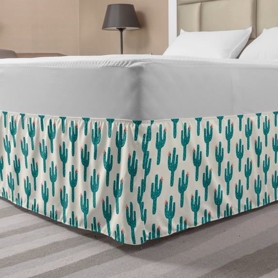 Cactus Print Bed Skirt, Illustration of Cacti Silhouettes with a Flower Doodle Repetition, Elastic Bedskirt Dust Ruffle Wrap Around for Bedding Decor, 4 Sizes, Pale Petrol Blue Ivory, by Ambesonne