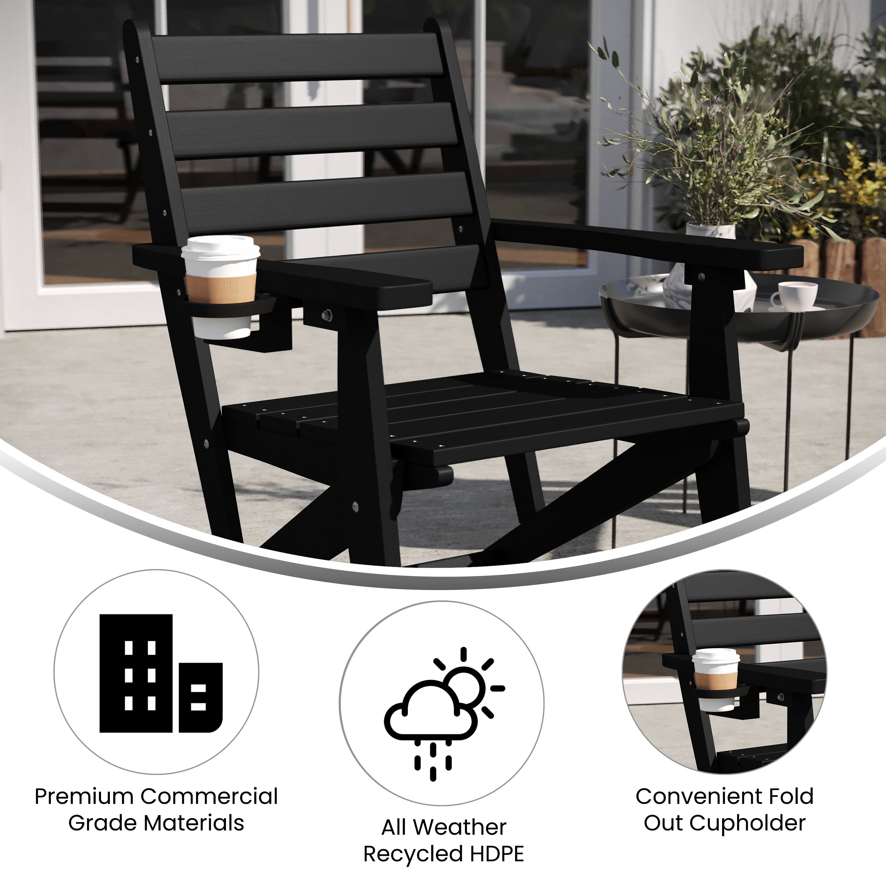 Emma + Oliver Adirondack Dining Chair with Fold Out Cup Holder, Weather Resistant Recycled HDPE Adirondack Chair in Black
