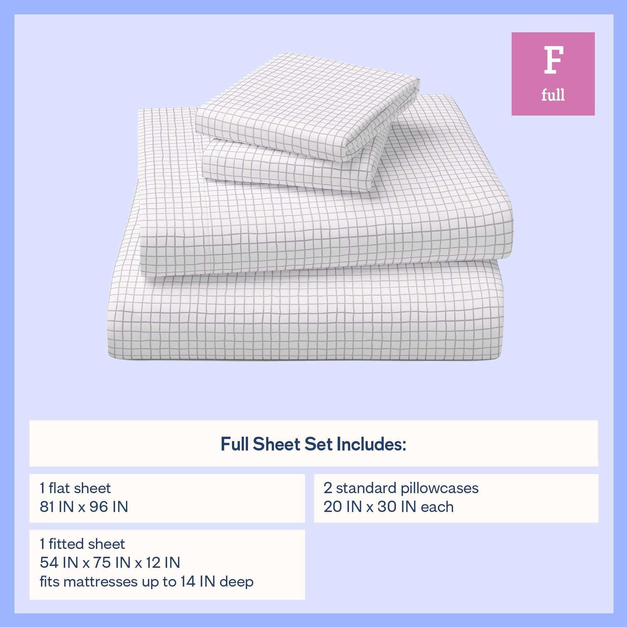 Mainstays Kids Microfiber Bed Sheet Set, Full, White Grid, 4 Pieces