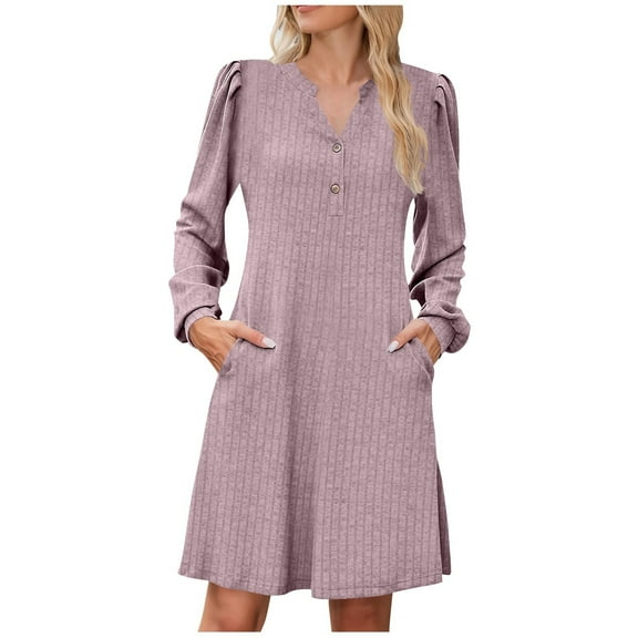 Busydd Womens Dresses Casual Solid Color Long Sleeve Dress for Women Fashion Comfy V Neck Knit Ribbed Womens Fall Dresses with Pockets S