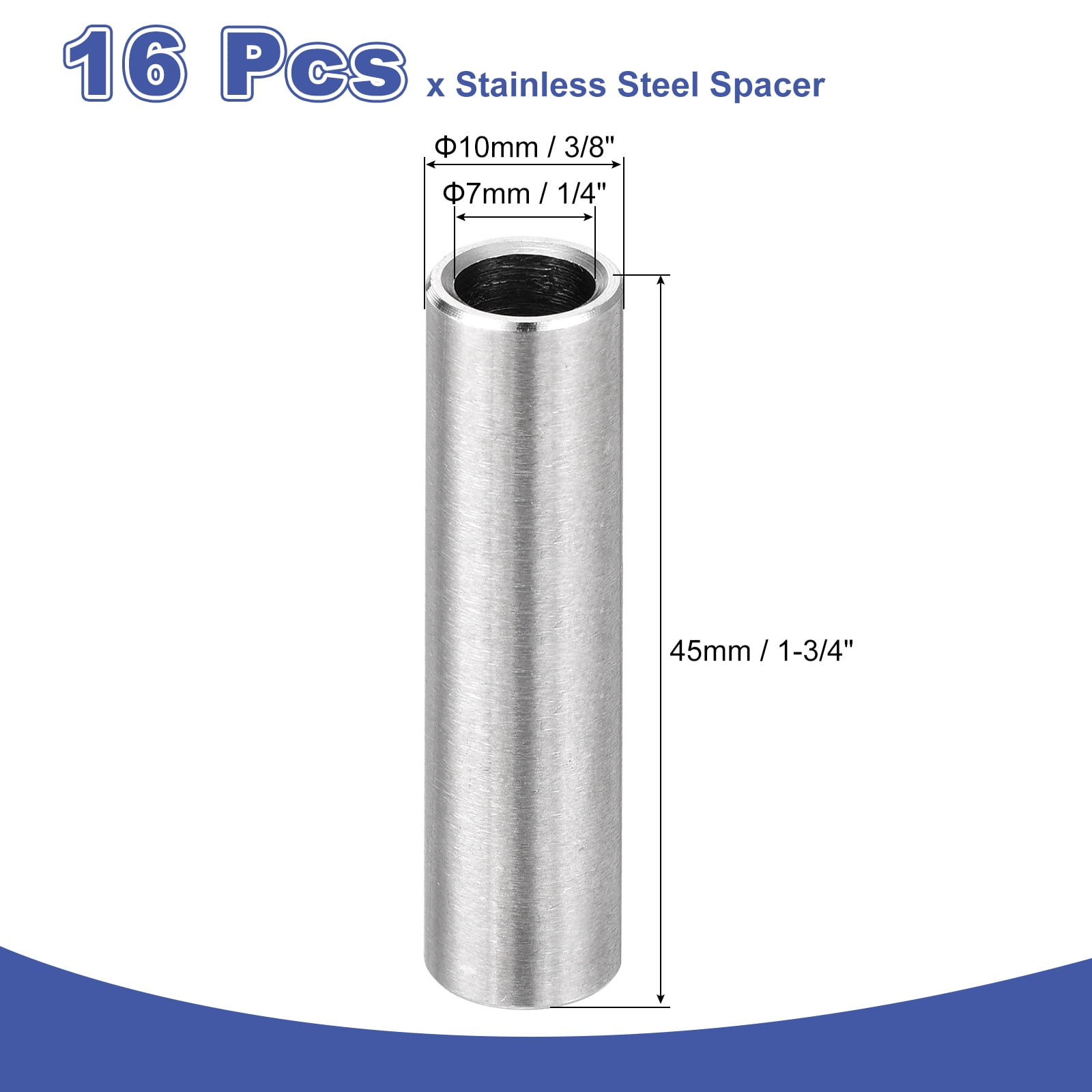 16Pcs 304 Stainless Steel Spacer 10mm OD x 7mm ID x 45mm Length for M7 Screw