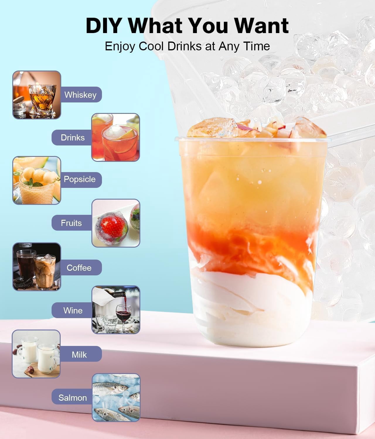 Ice Cube Trays for Freezer - Mini Round Ice Trays for Freezer with Lid and Bin, Small Tiny Crushed Nugget Freezer Trays for Chilling Drinks and Food Fresh