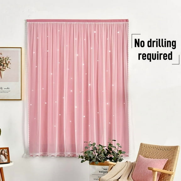 Fashion Velcro Blackout Curtains with Star Translucent Pattern – Double-Layer Polyester Thermal Insulated Curtains for Kids' Room, Study, Living Room (Punch-Free Installation)