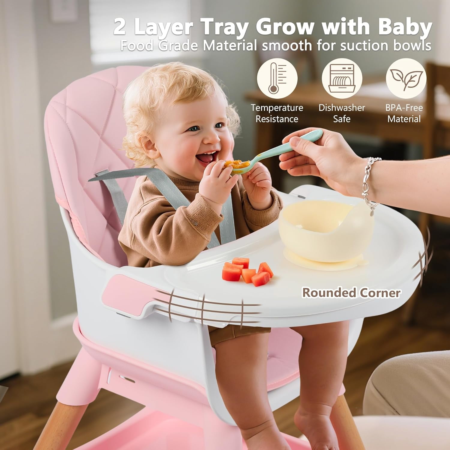 LINLUX Wood Baby High Chair, 7 in 1 Convertible Highchair, Infant Feeding Chair, Toddler Chair Pink