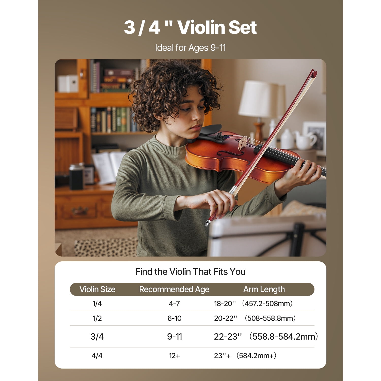 KFFKFF 3/4 Size Violin for Adults, Complete Beginner Set with Case, Bow, Rosin, Shoulder Rest, Bridge, Tuner, and Extra Strings, Solid Wood Musical Instrument (Brown)