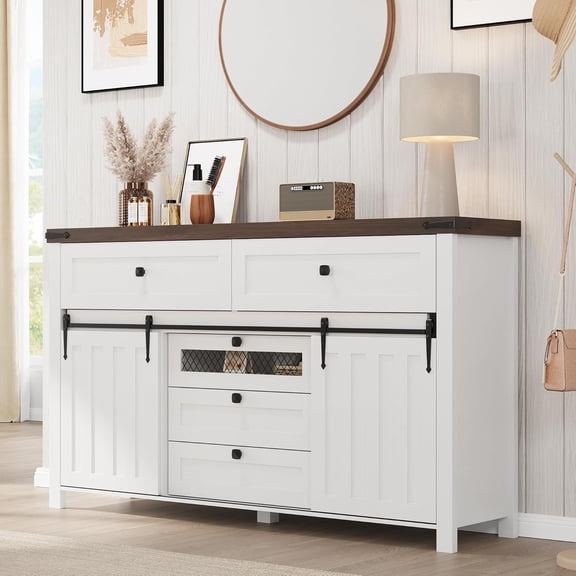 Farmhouse 5 Drawers Dresser for Bedroom with Sliding Barn Doors, Wood Dresser & Chest of Drawers, Rustic Dresser TV Stand, Dresser Organizer for Bedroom, Living Room, White