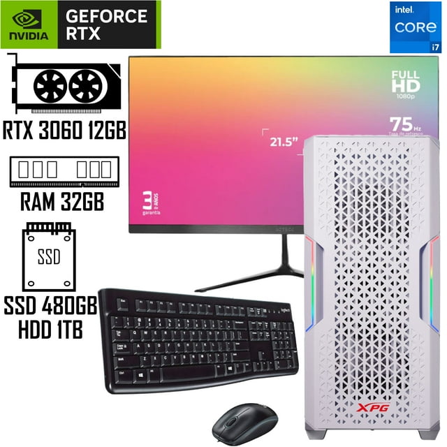 PC gamer Intel core i7 12700F Super Tienda 8GB RAM SSD 240GB Disco duro 1TB RTX 3060 600W 80 plus monitor 21.5"