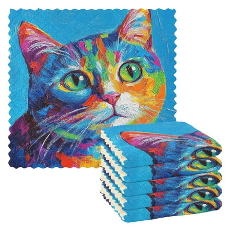 

6 Pieces of Kitchen Towels 11x11Inch Kitchen Dish Cloths Kitchen Dish Towels Reuseable Cleaning Cloths Color Oil Painting Cat