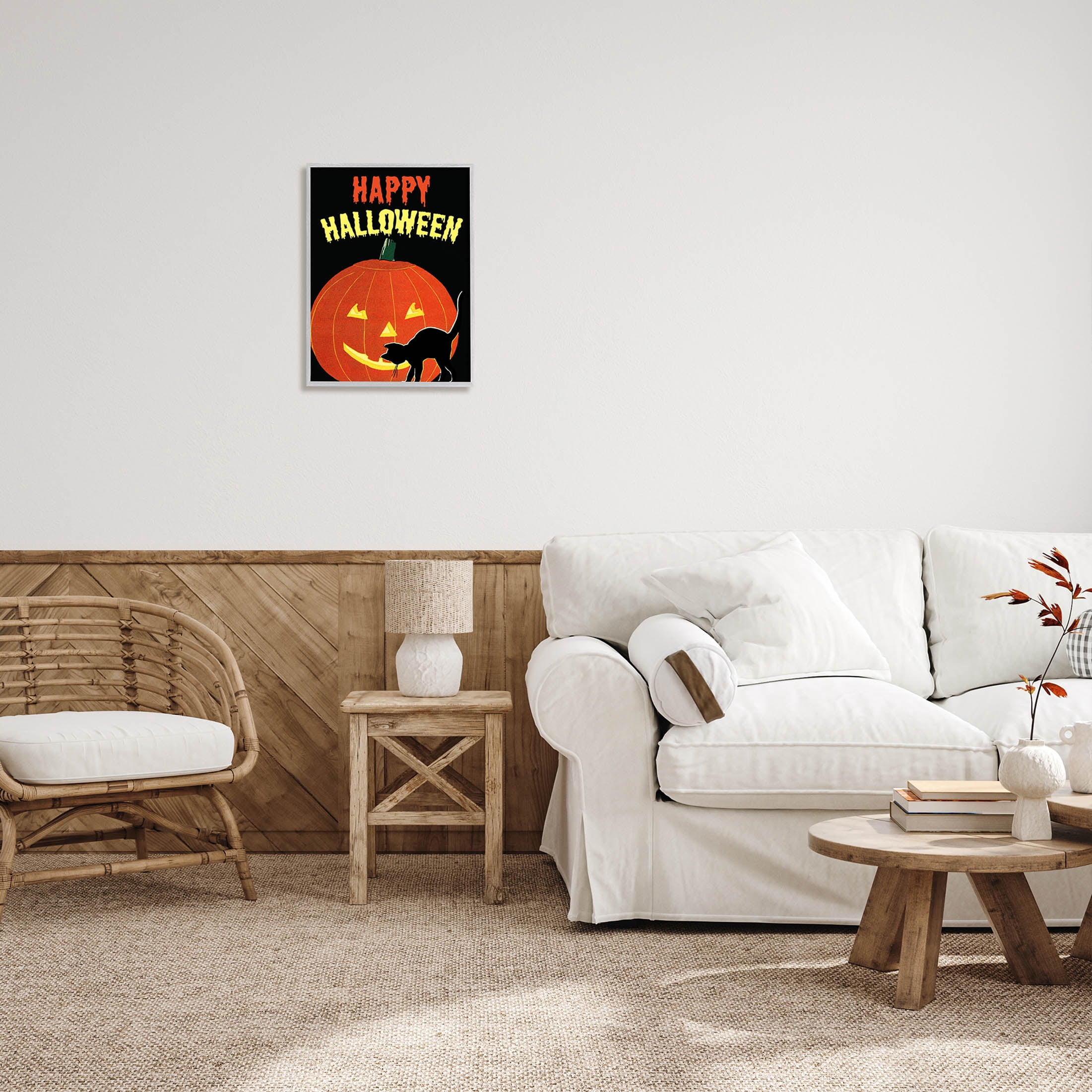 Stupell Industries Happy Halloween Haunted Jack-o-Lantern Graphic Art Gray Framed Art Print Wall Art, Design by The Saturday Evening Post