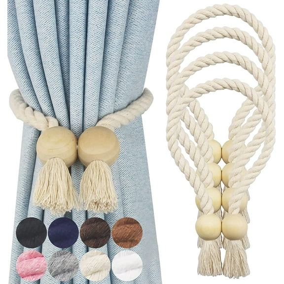 4 Pack Magnetic Curtain Tiebacks Cotton Hand Woven Tie Back Decorative Rope Holdbacks for Curtains Draperies No Tools Required, Beige