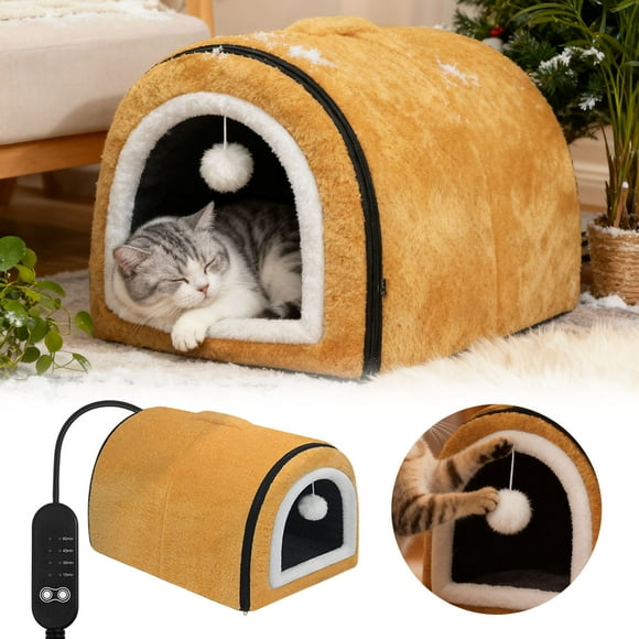 Heated Cat Bed with Temperature Control Detachable Semi Enclosed Design and Arched Roof for Indoor Comfort