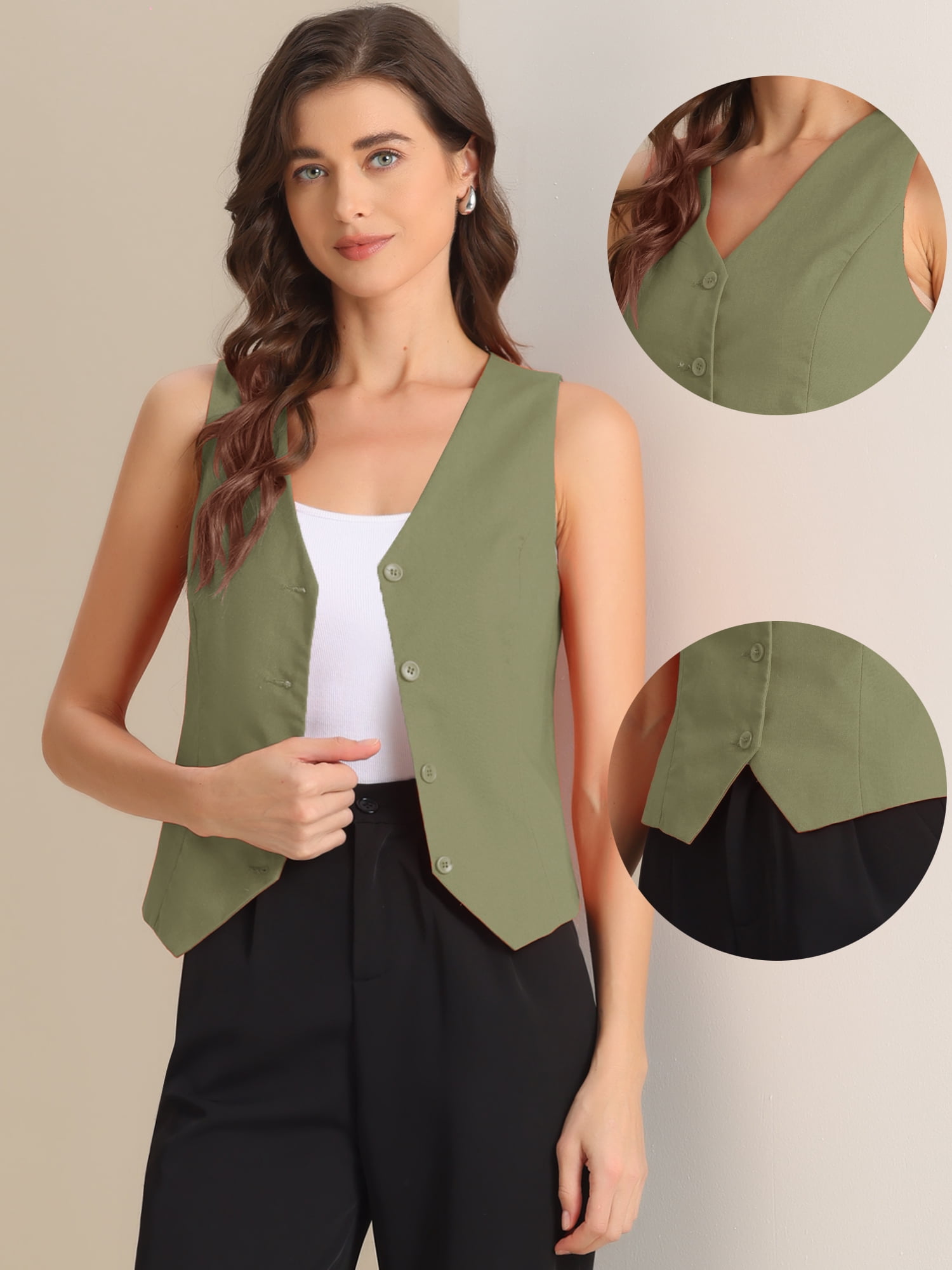 DARING DIVA Women's Button Down Sleeveless V Neck Crop Top Summer Vest L Green
