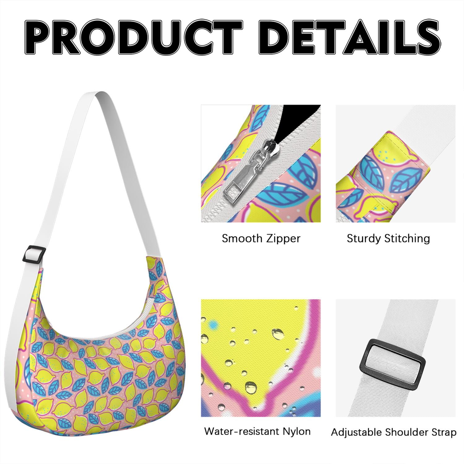 Lemon Lover Shoulder Bag for Women, Yellow Fruit Print Lightweight Crossbody Purse, Modern Summer Hobo Tote, Water-Resistant Nylon Handbag with Spacious Interior