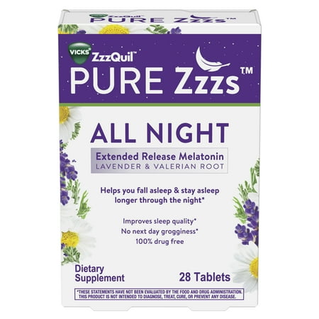 Vicks ZzzQuil Pure Zzzs All Night Extended Release Melatonin Tablets, Dietary Supplement, 28 Ct