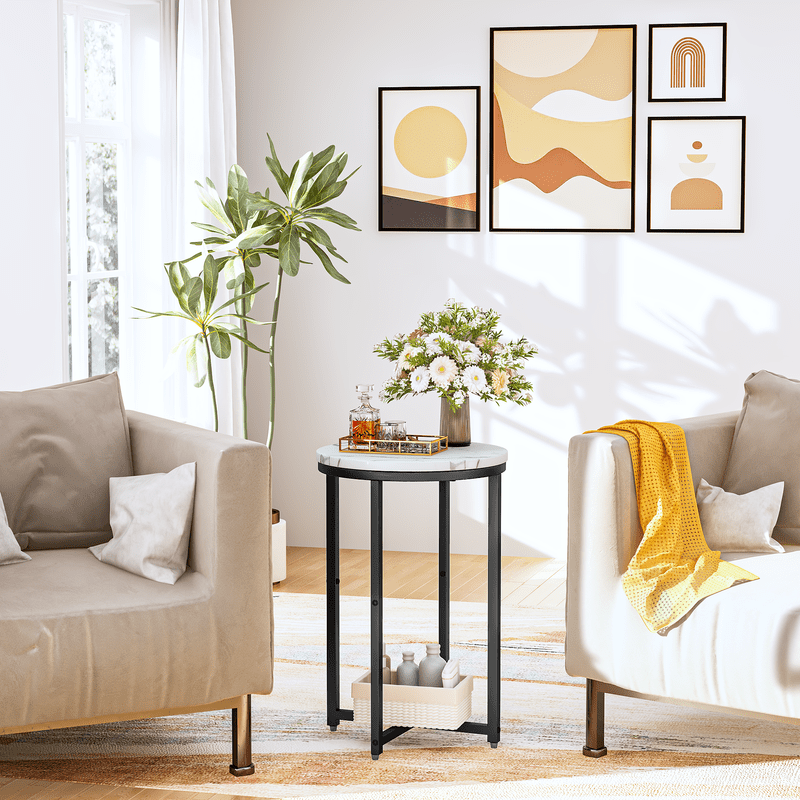Baxluxe Marble Side Table Set of 2, Faux Marble Round End Table with Metal Base, Small Living Room Coffee Table Nightstand Bedside Table, Modern End Table Set for Living Room, Bedroom, Black