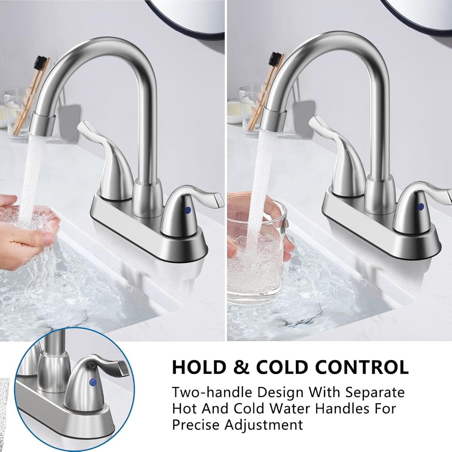 Bathroom Sink Faucet, 2 Handle Bathroom Faucet 4 Inch Centerset Bathroom Faucet 2 or 3 Hole Vanity Sink Faucet, Faucet Bathroom with Pop-up Drain and Supply Lines (Brushed Nickel)