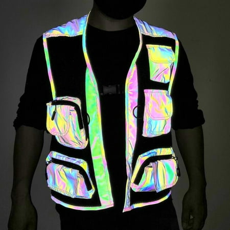 Wancir Mesh Rainbow Reflective Cargo Multi-pocket Vest for Men Fishing Outdoor Work Jacket