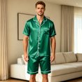 thumbnail image 6 of Mens Pajamas Set Silk Satin Sleepwear Short Sleeve Button Down Pjs Set 2 Piece Loungewear with Pockets Dark Green 3XL, 6 of 9