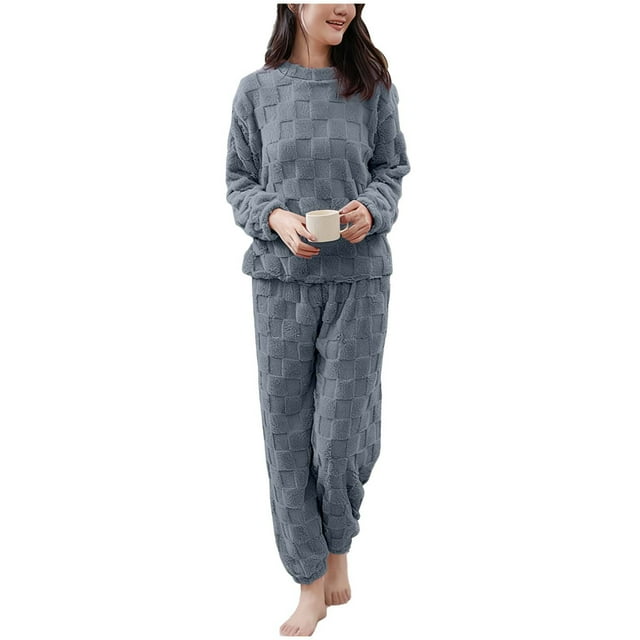 Besolor Pyjama en Molleton Doux pour Femmes, Confortable et Chaud, Col Rond, Manches Longues, Haut et Pantalon, Ensemble de Détente 2 Pcs
