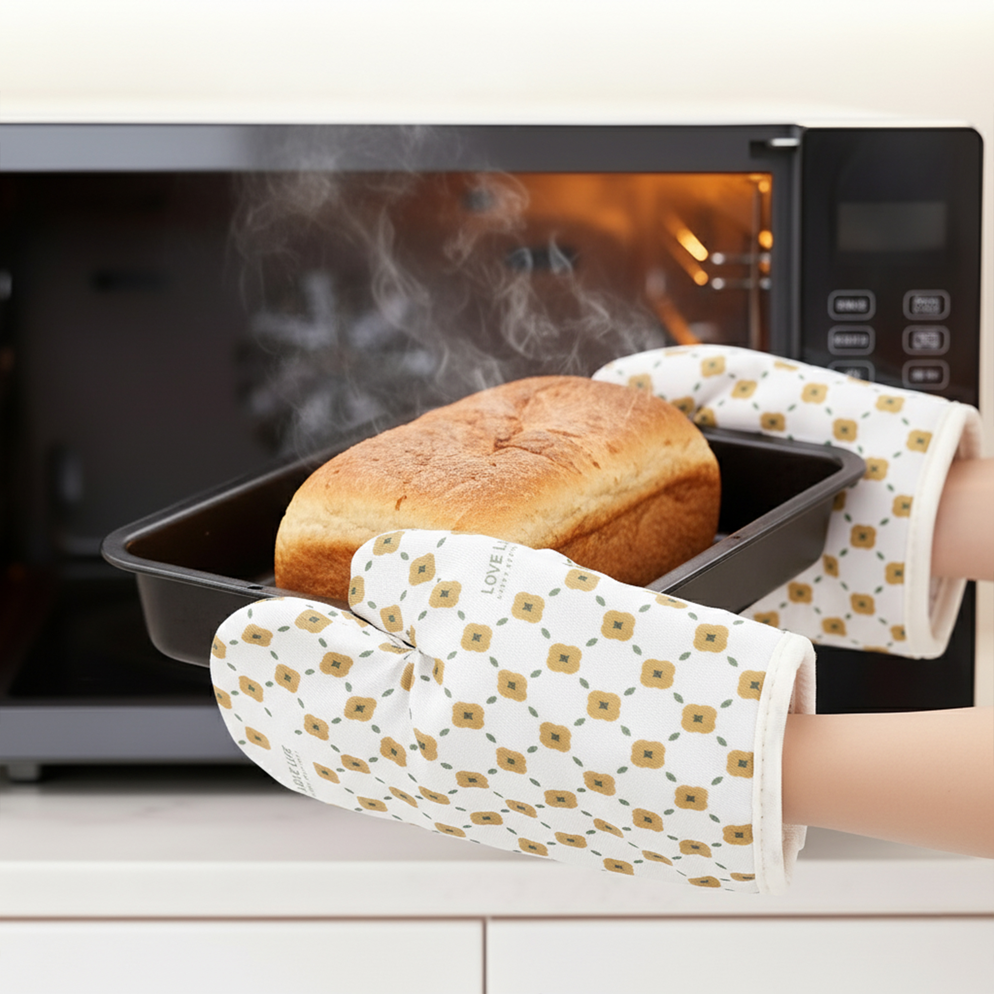 Unique Bargains Soft Floral Heat-Resistant Oven Mitts Cooking Gloves White/Yellow