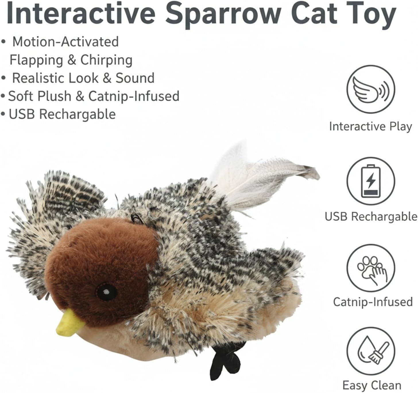Flapping Bird Cat Toy, Sparrow, Rechargeable Interactive Flying Bird with Realistic Flapping Motion and Chirping Sounds, Touch Activated Kitten Toy for Indoor Cats